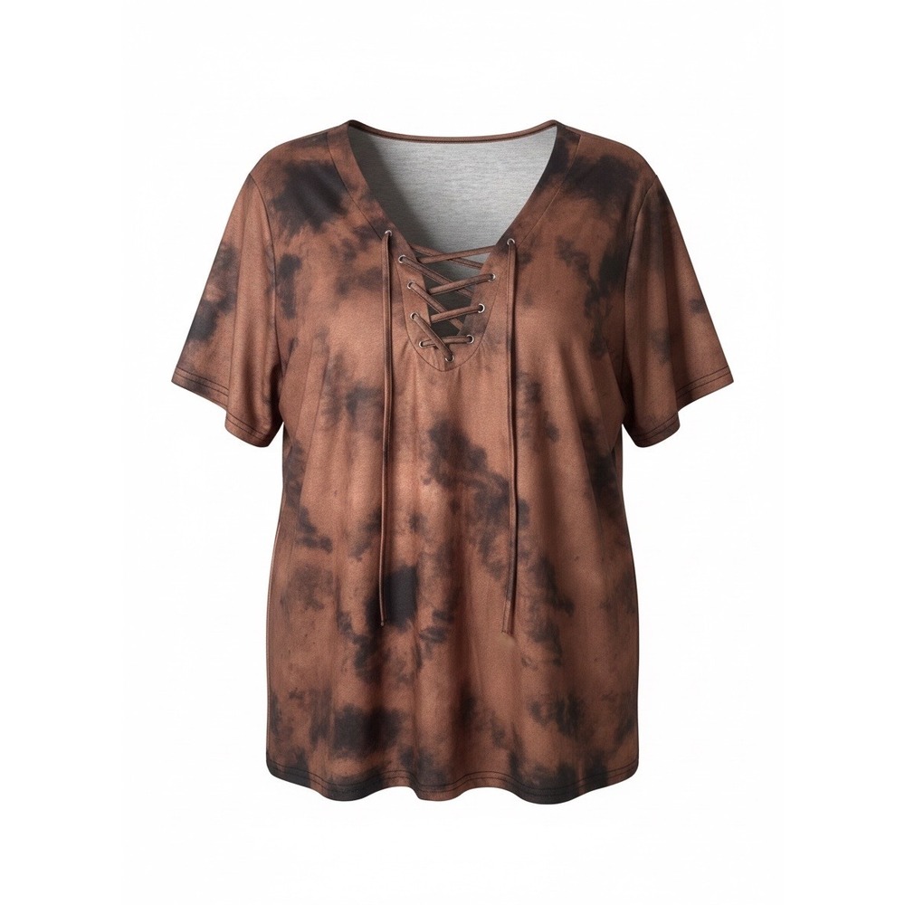 Shein Curve Womens 4XL Brown Tie Dye Lace Up V-Neck Short Sleeve Top Boho Shirt